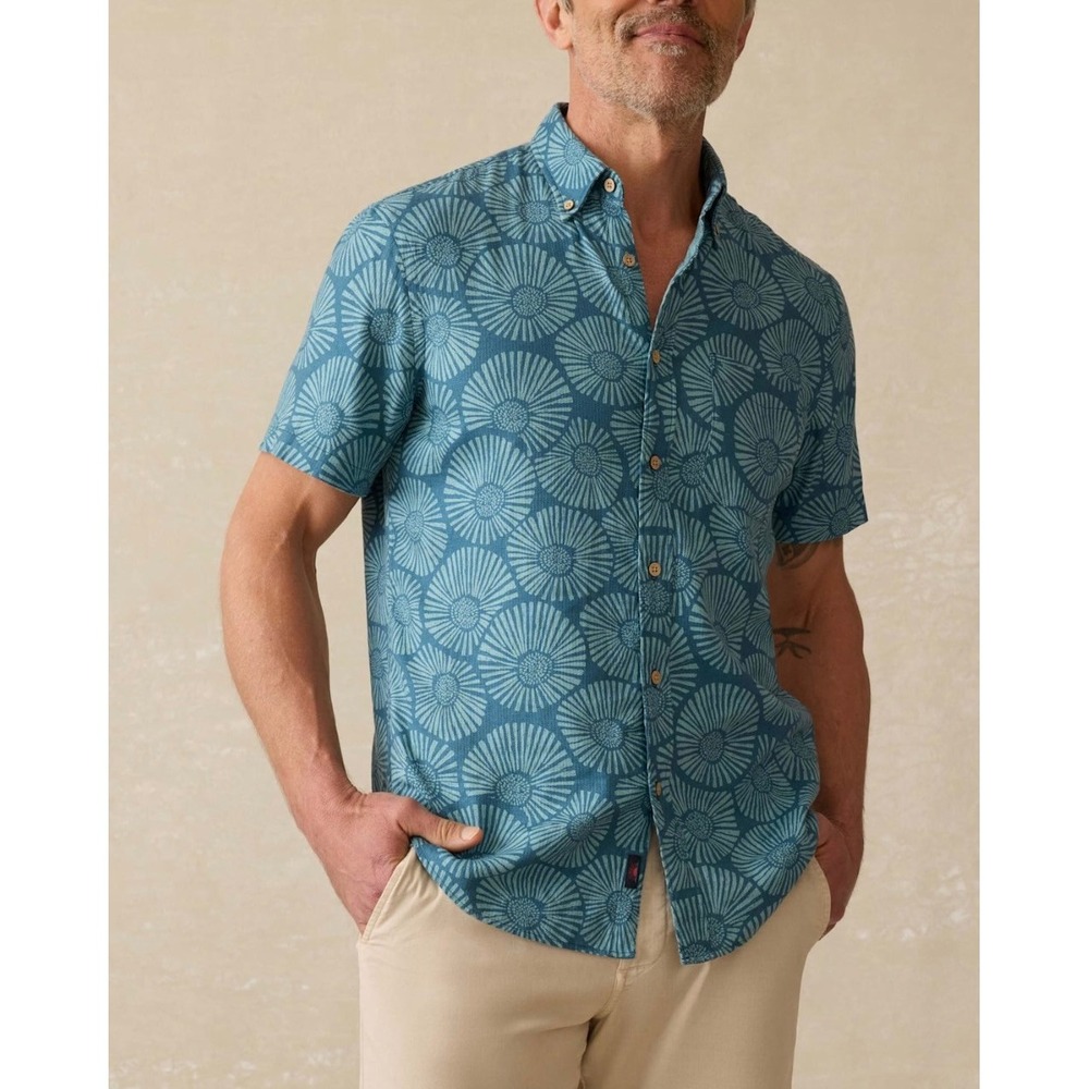 Faherty Breeze Shirt Stormy Sea Floral Short Sleeve Linen Tencel Blue Teal XL
